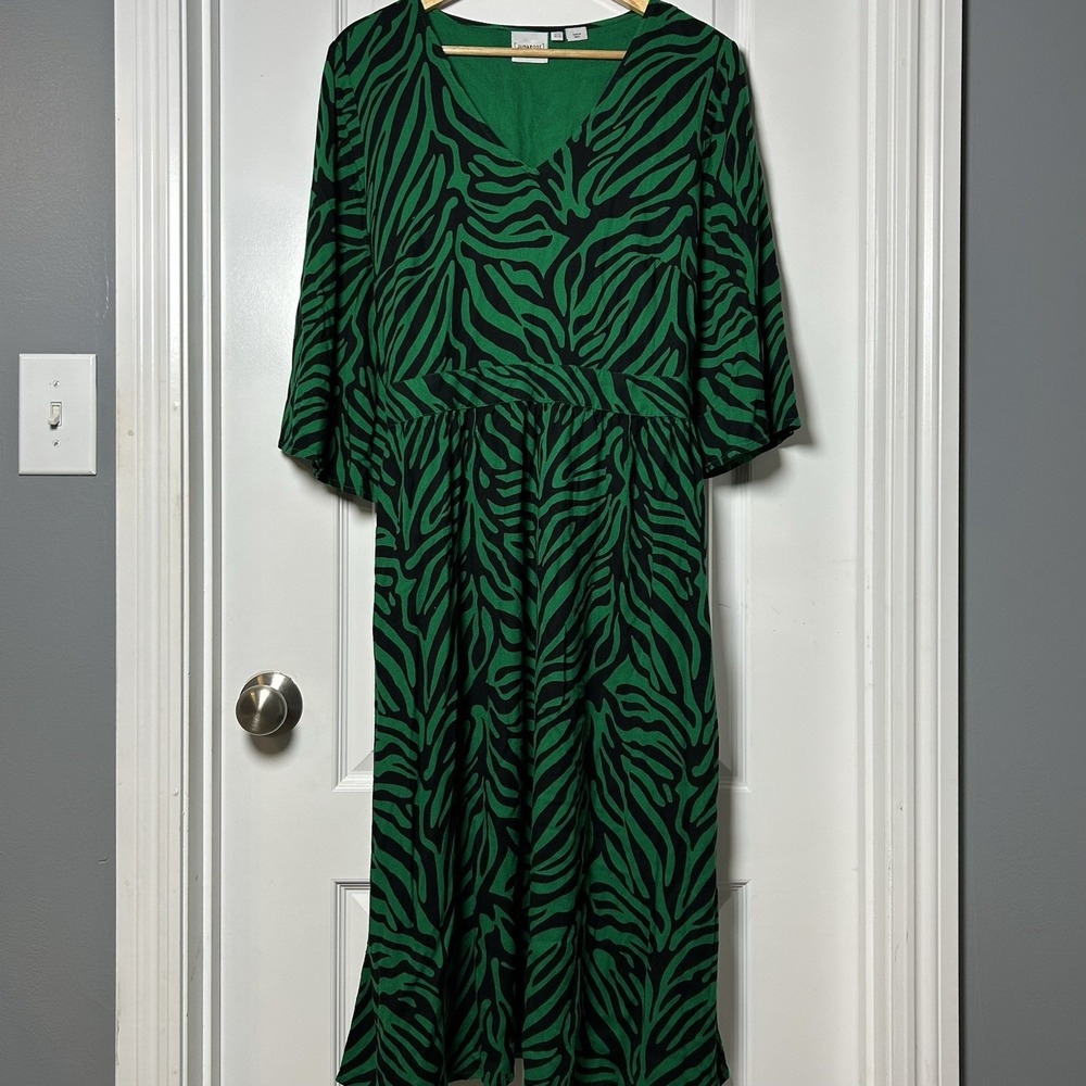 Junarose Green Black Zebra Print V-Neck Fit & Flare Midi Dress Maximalist Style